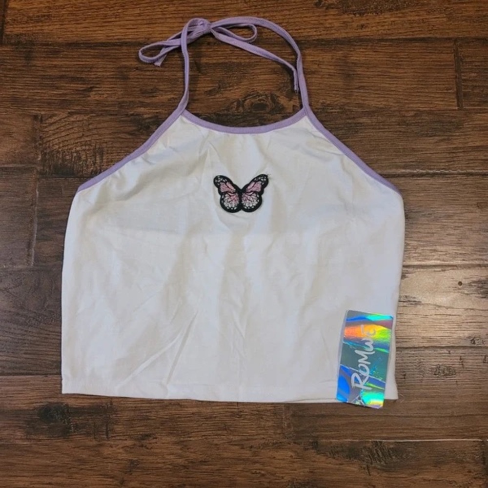 White Halter Tank Top with Lavender Trim and Butterfly Patch
